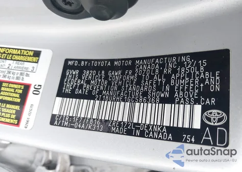 2016 Toyota Corolla Le from USA, damaged, VIN 2T1BURHE1GC586368